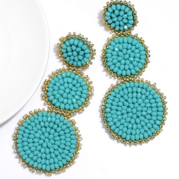 Cobalt Blue Beaded Triple Tier Earrings Bohemian Big Bold Boho Statement New - Picture 7 of 9